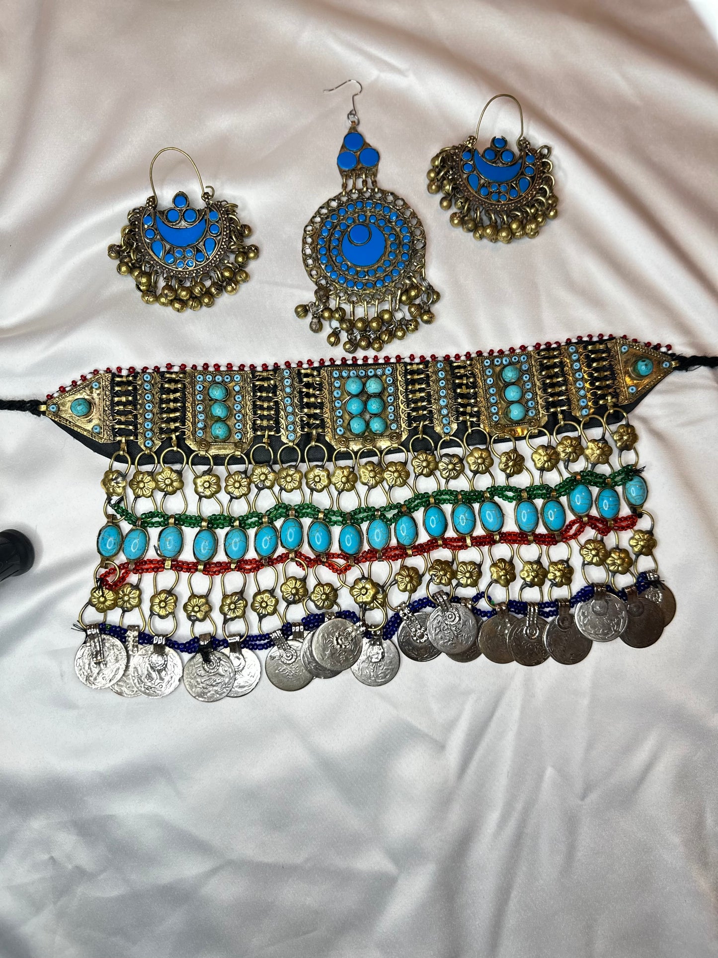 Norband Turquoise Stone And Antique Coins Afghani Choker Set