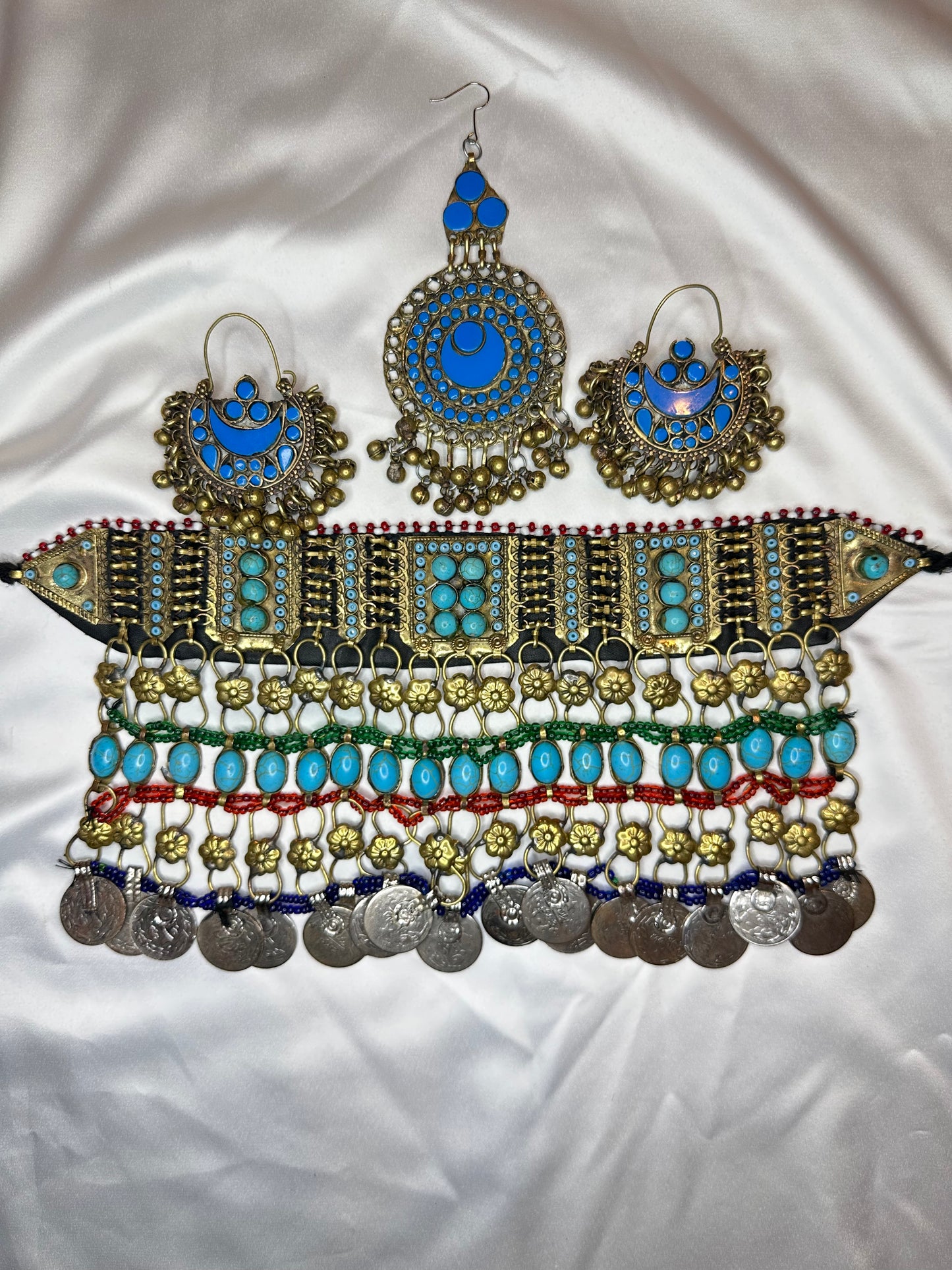 Norband Turquoise Stone And Antique Coins Afghani Choker Set