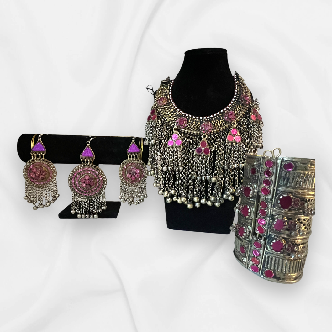 Norband Ethnic Boho Necklace Set With Bracelet - Pink