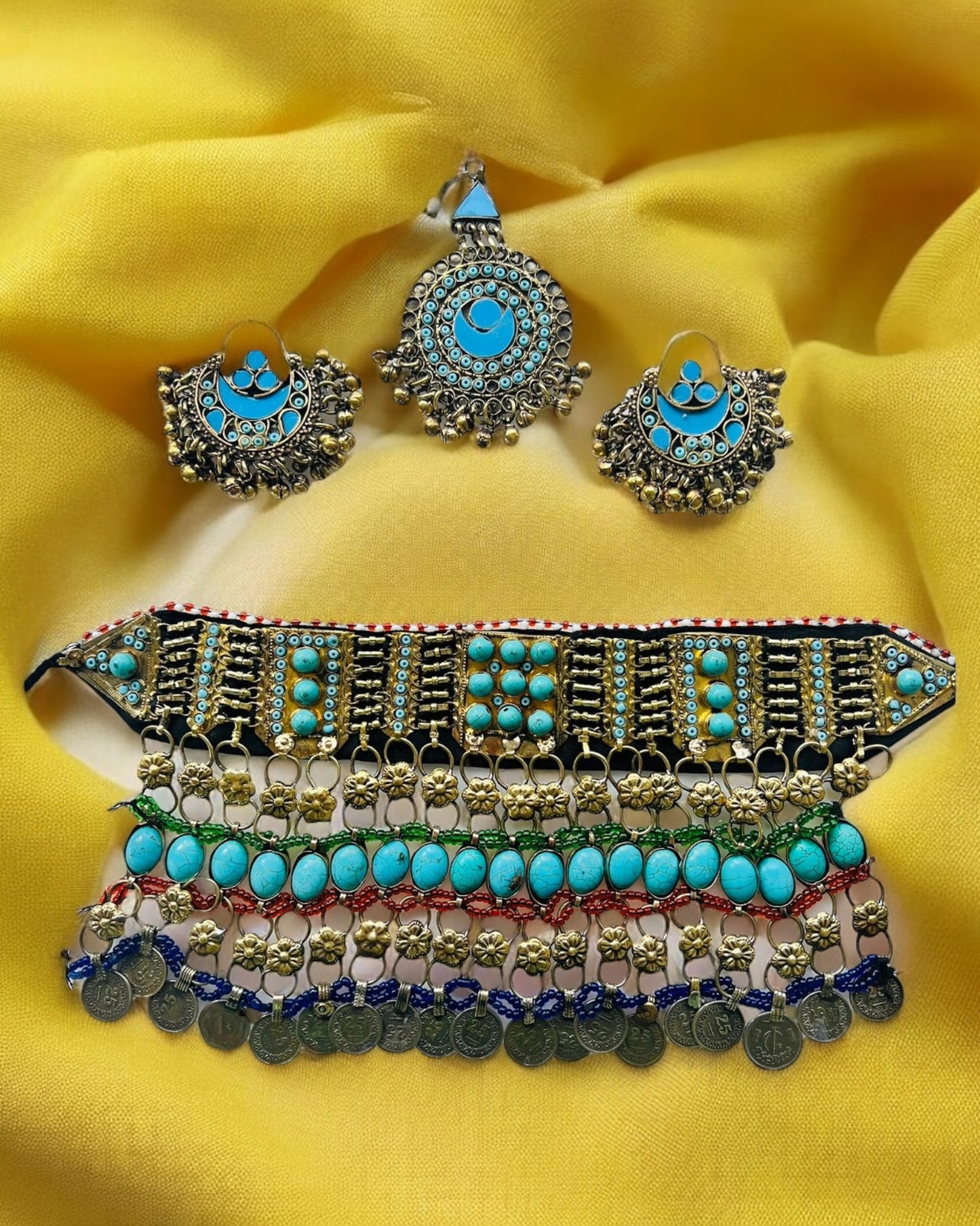 Norband Turquoise Stone And Antique Coins Afghani Choker Set